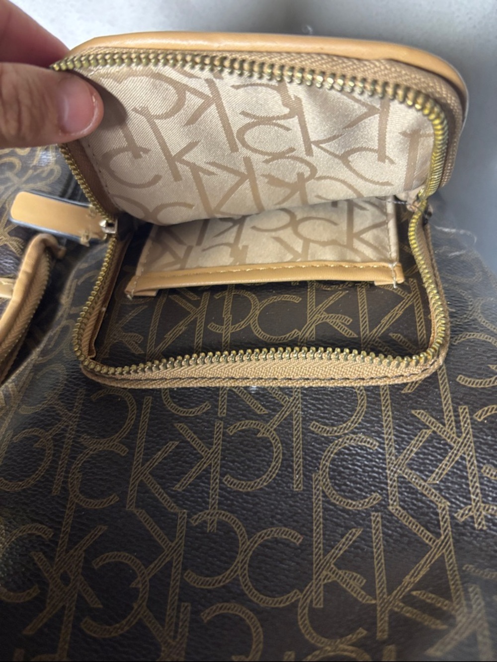 Calvin Klein Brown Monogram Backpack with Tan Trim missing Klein logo - Picture 8 of 12